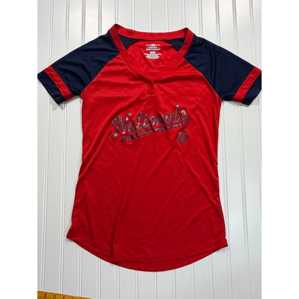 MLB Washington Nationals Jersey Shirt Red Navy V Neck Performance Women's S